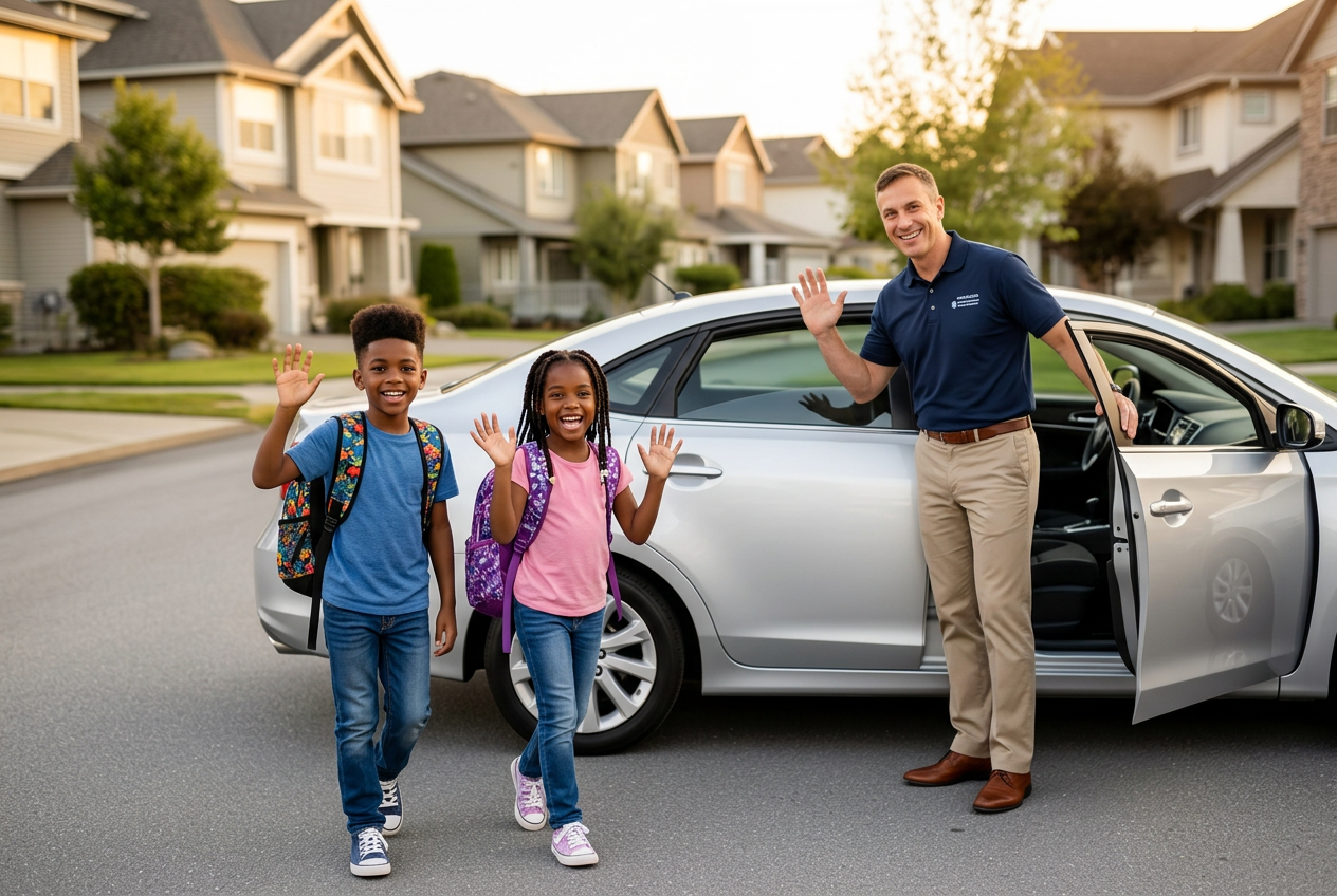 Student safely boarding a Safe Trip ride with a certified driver
